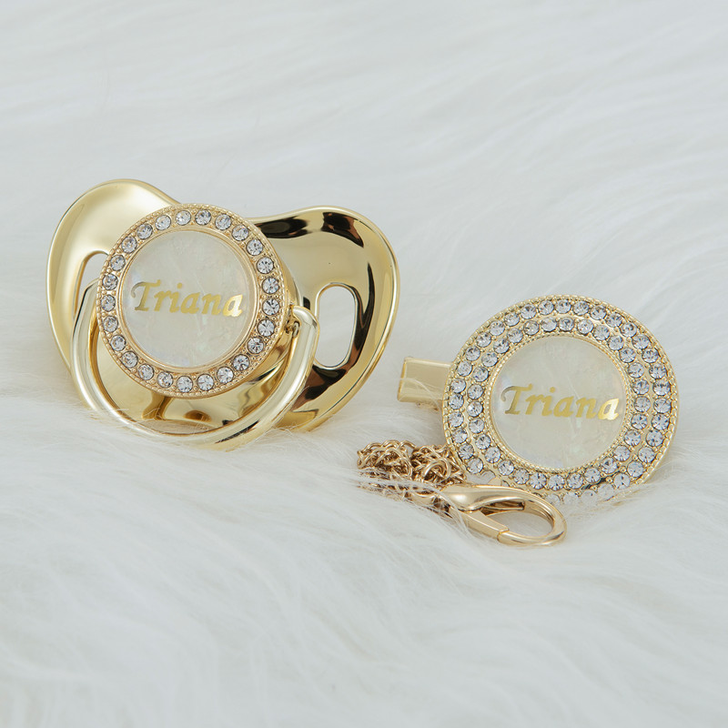 MIYOCAR pearl gold name personlized bling pacifier and clip set