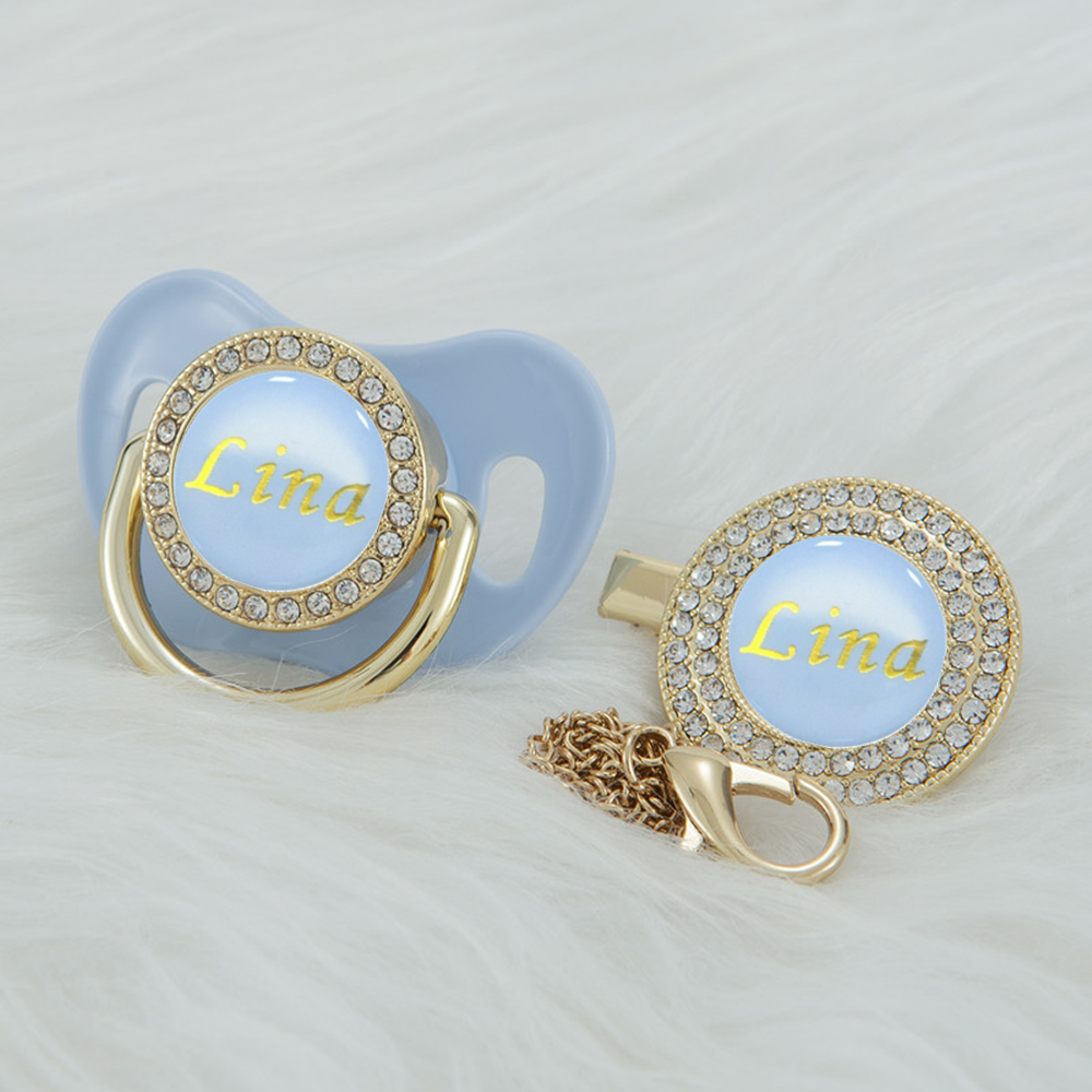 MIYOCAR gold blue name personlized bling pacifier and clip set